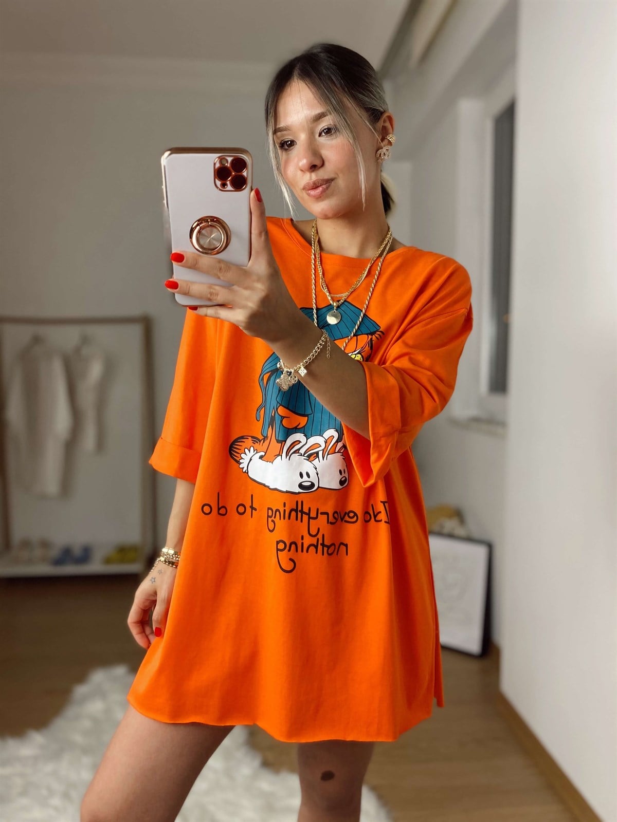 Turuncu Garfield Baskılı Tshirt