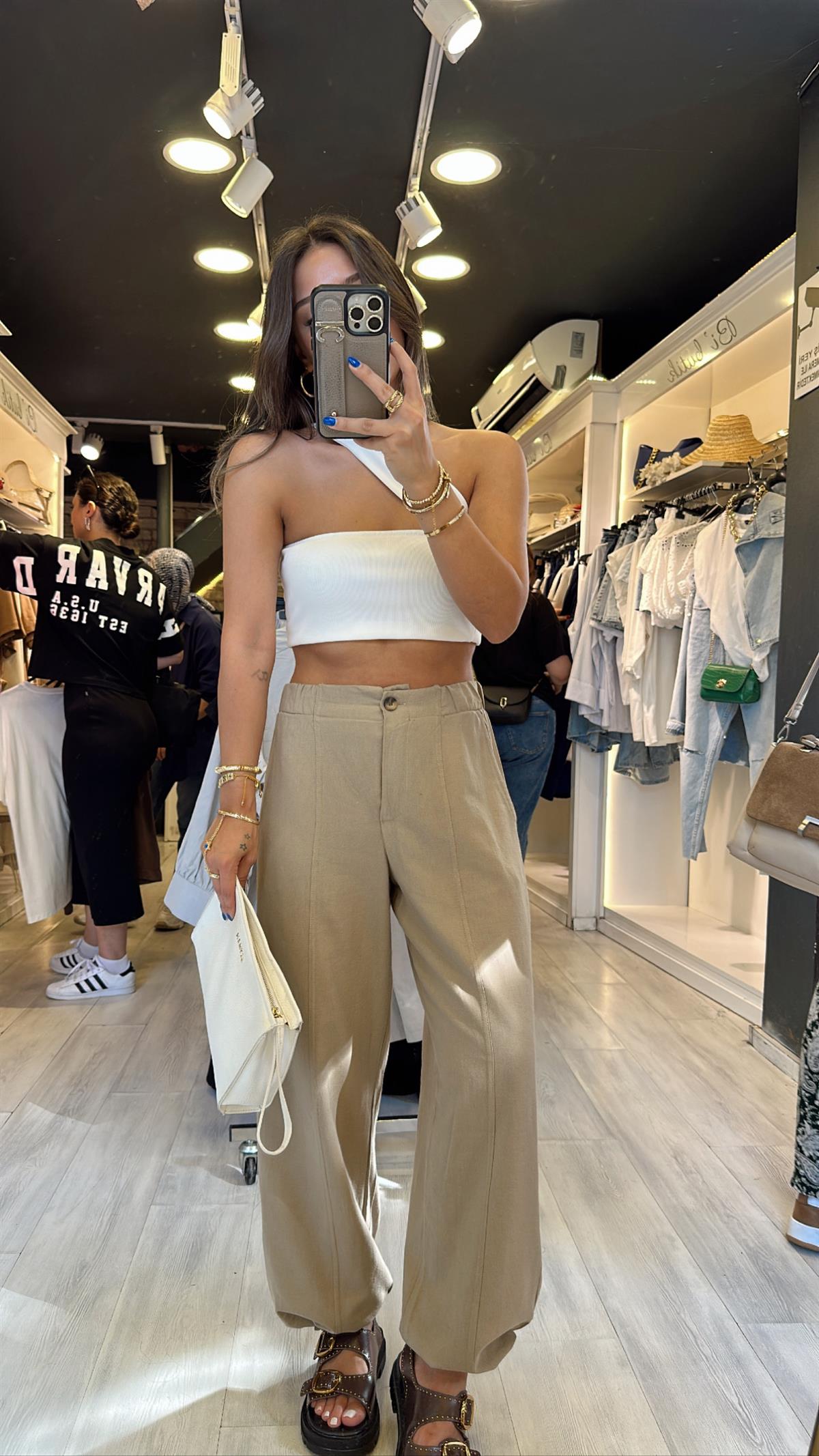 Vizon Beli Lastikli Paça Büzgülü Keten Pantolon