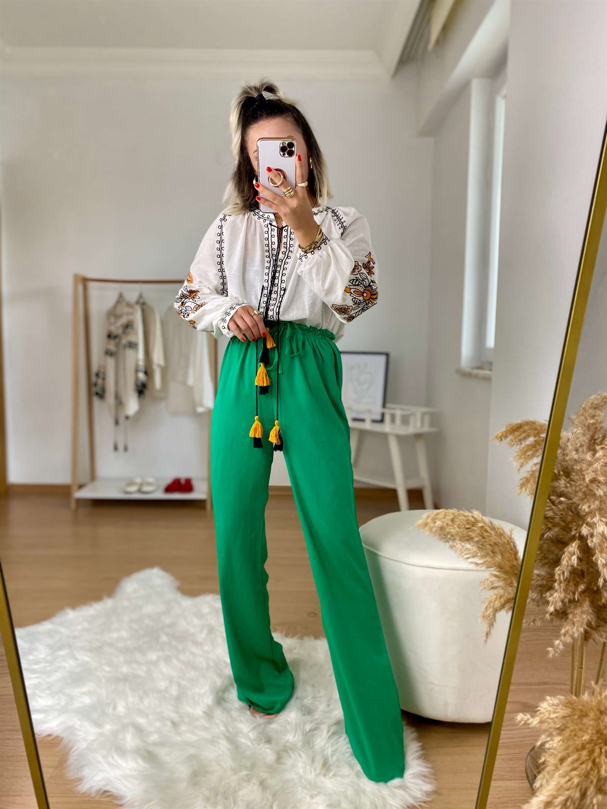 Yeşil Beli Lastikli Bol Pantolon