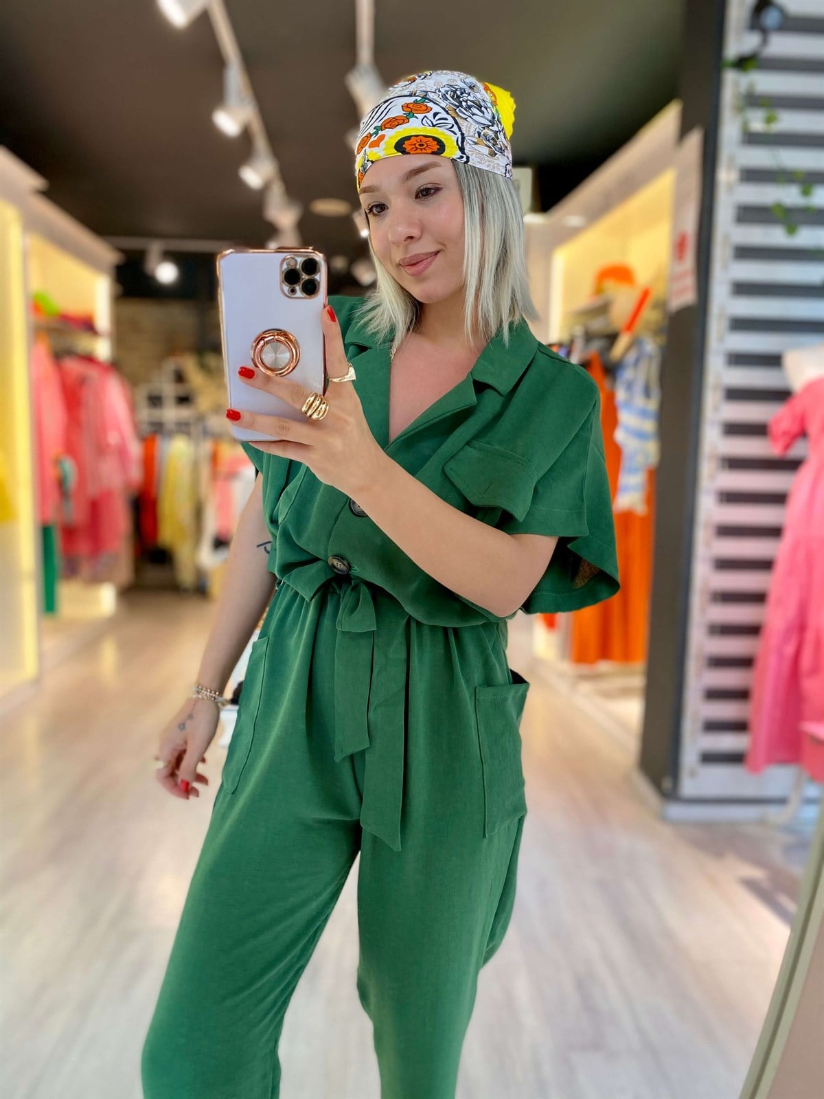 Yeşil Beli Lastikli Cepli Gömlek Yaka Tulum