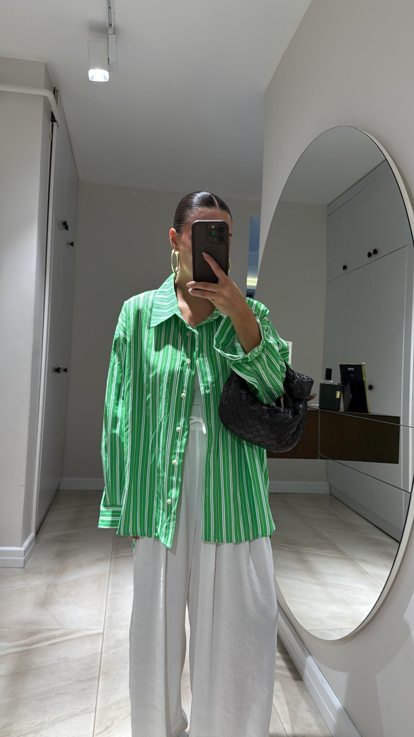 Yeşil Beyaz Çift Çizgili Oversize Gömlek 