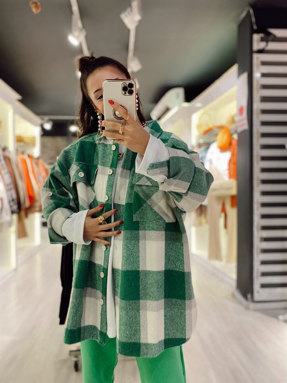 Yeşil Ekru Ekose Detaylı Ceket/Gömlek