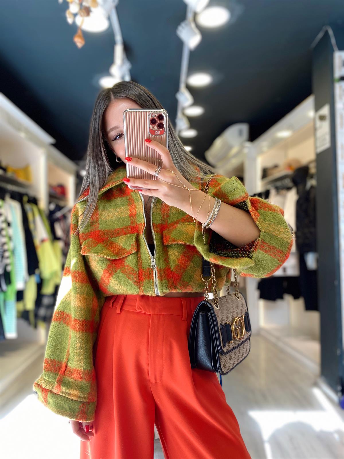 Yeşil Orange Ekoseli Fermuarlı Ceket