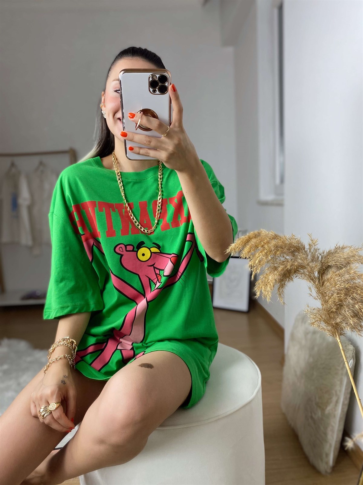 Yeşil  PembePanter Baskılı Tshirt
