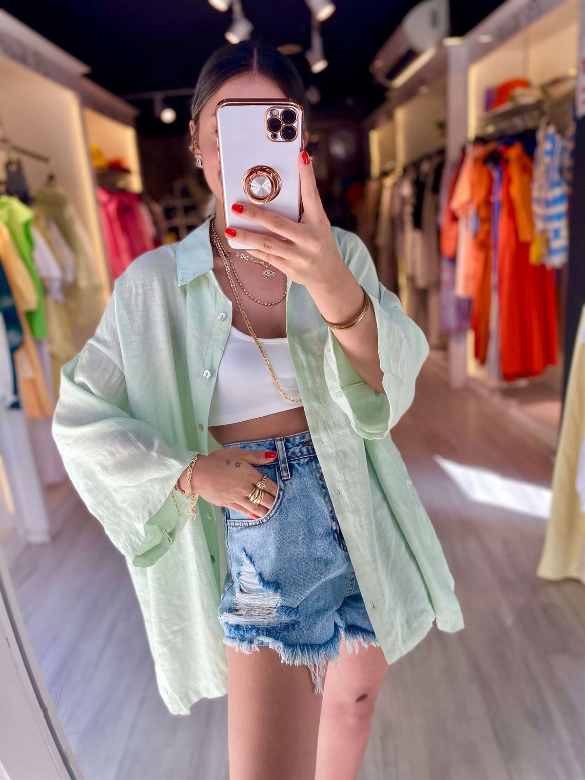 Yeşil Yanı Yırtmaçlı Oversize Gömlek