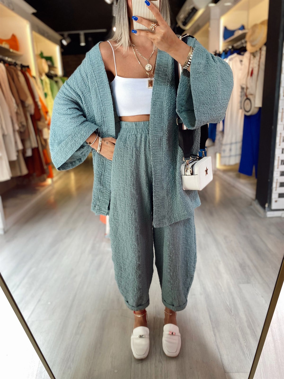 Zümrüt Yeşili Kabartma Dokulu Kimono Takım