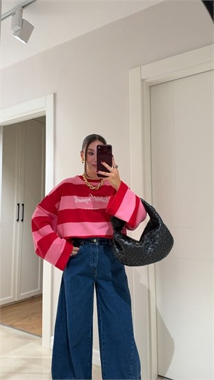 Kırmızı Pembe Yazı Baskılı Geniş Kol Sweatshirt