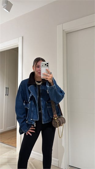 Mavi Kadife Yaka Kemer Detaylı Denim Ceket