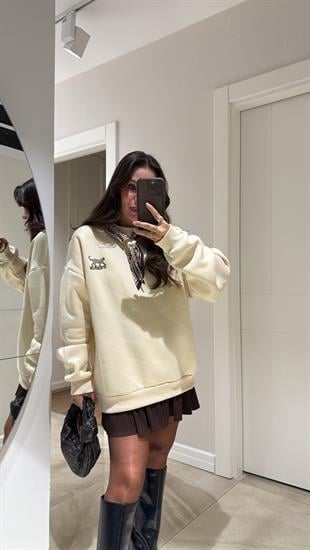 Bej Leopar Baskılı Fularlı Sweatshirt