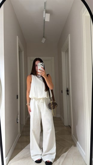 Ekru Balon Model Keten Bluz Takım