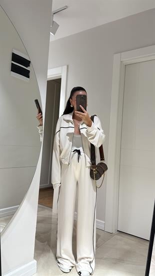 Ekru Biyeli Fermuarlı Pantolon Takım 