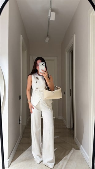 Ekru Silver Düğmeli Pullu Yelek Takım