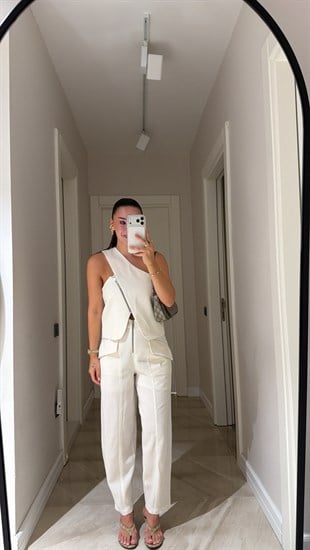 Ekru Tek Omuz Asimetrik Bluz Pantolon Takım