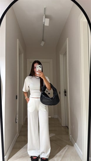 Ekru Yan Büzgülü Pantolon Takım