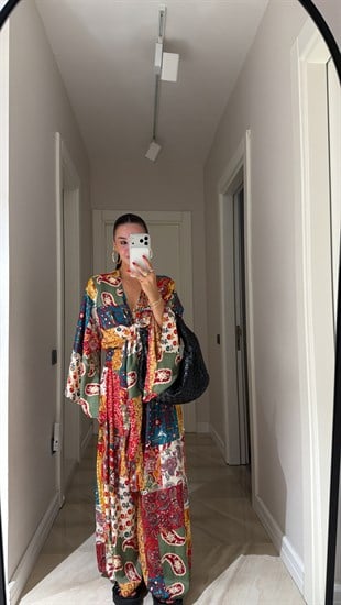 Hardal Ön Bağlamalı Desenli Bluz Pantolon Takım