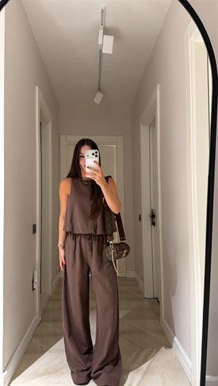 Kahve  Balon Model Keten Bluz Takım