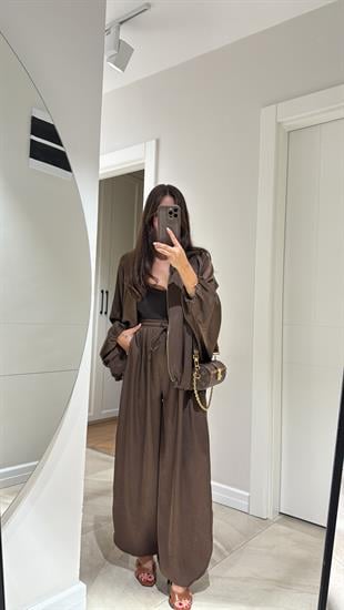 Kahve Bel Bağcıklı Saten Şalvar Pantolon