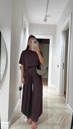 Kahve Bisiklet Yaka Şalvar Pantolon Takım 