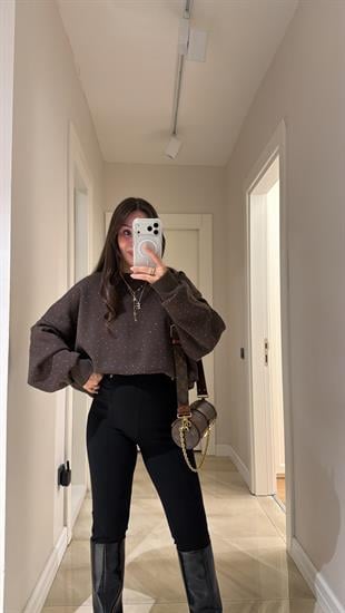 Kahve Bisiklet Yaka Taşlı Sweatshirt