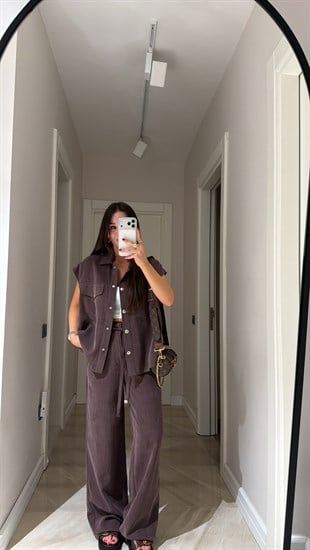 Kahve Silver Düğmeli Yelek Pantolon Takım