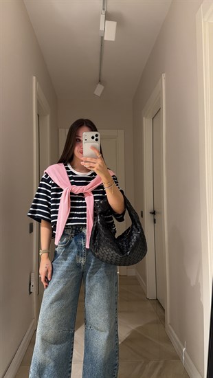Lacivert Pembe Şal Bağlama Detaylı Tişört