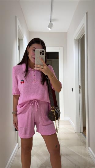 Pembe Bel Lastikli Triko Şort