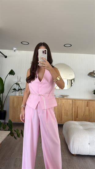 Pembe Belden Kemer Detaylı Yelek