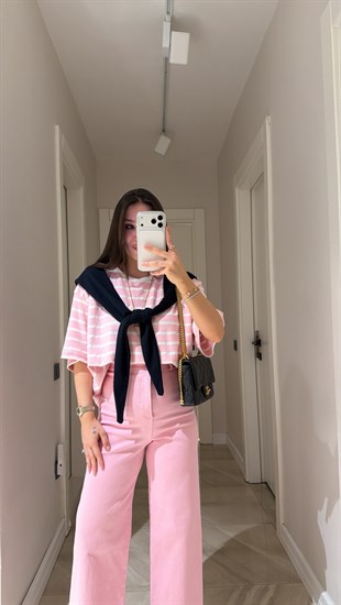 Pembe Lacivert Şal Bağlama Detaylı Tişört