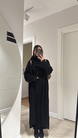 Siyah Balıkçı Yaka Elbiseli Hırka Takım 