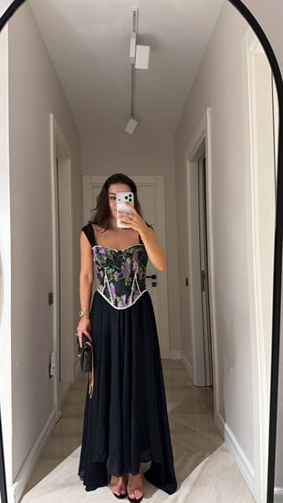 Siyah Beli Lastikli Kraşlı Etek