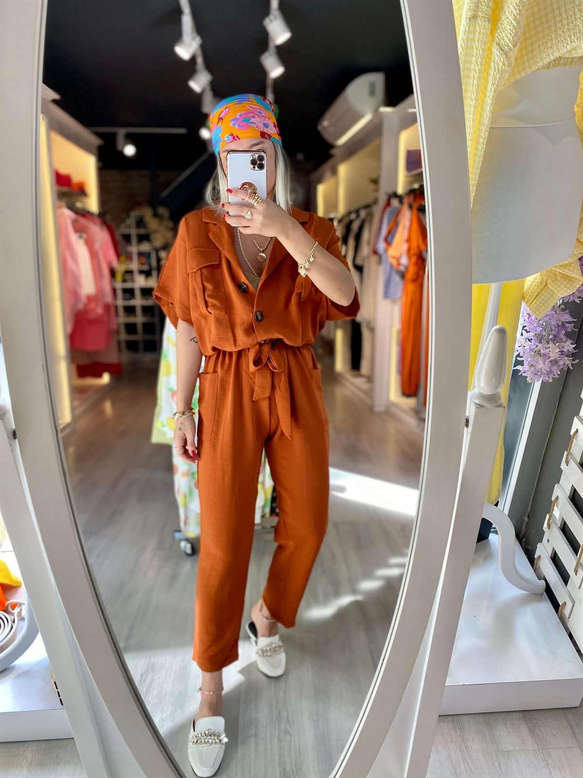  Tarçın Rengi Beli Lastikli Cepli Gömlek Yaka Tulum