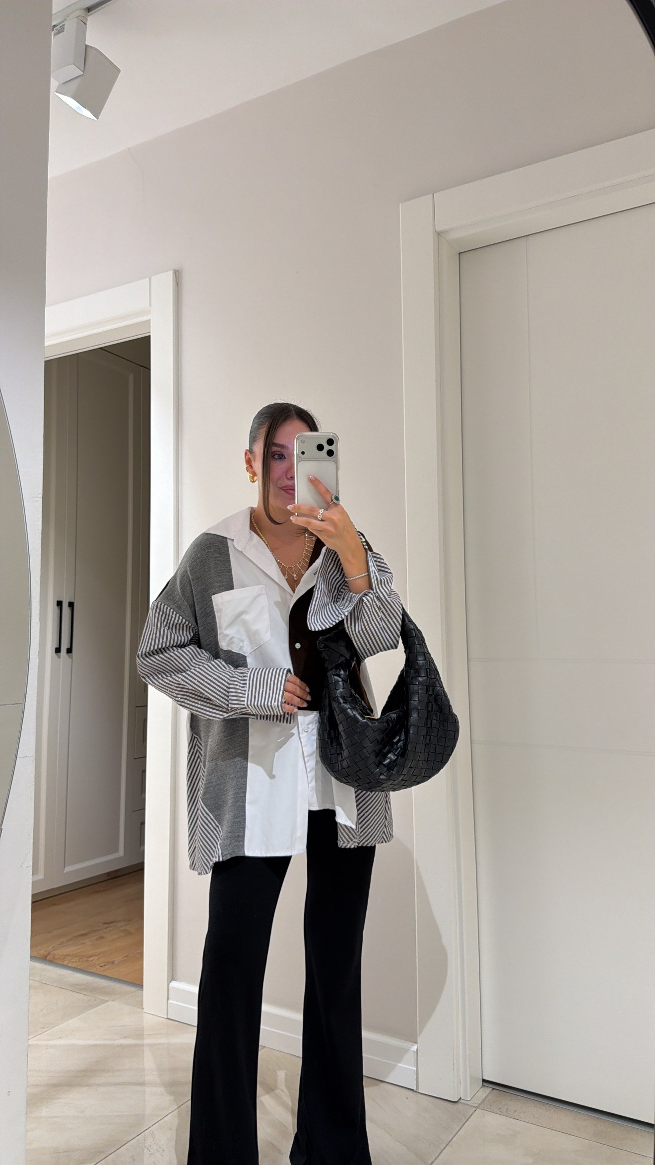 Kahve Çizgili Triko Detaylı Tasarım Gömlek