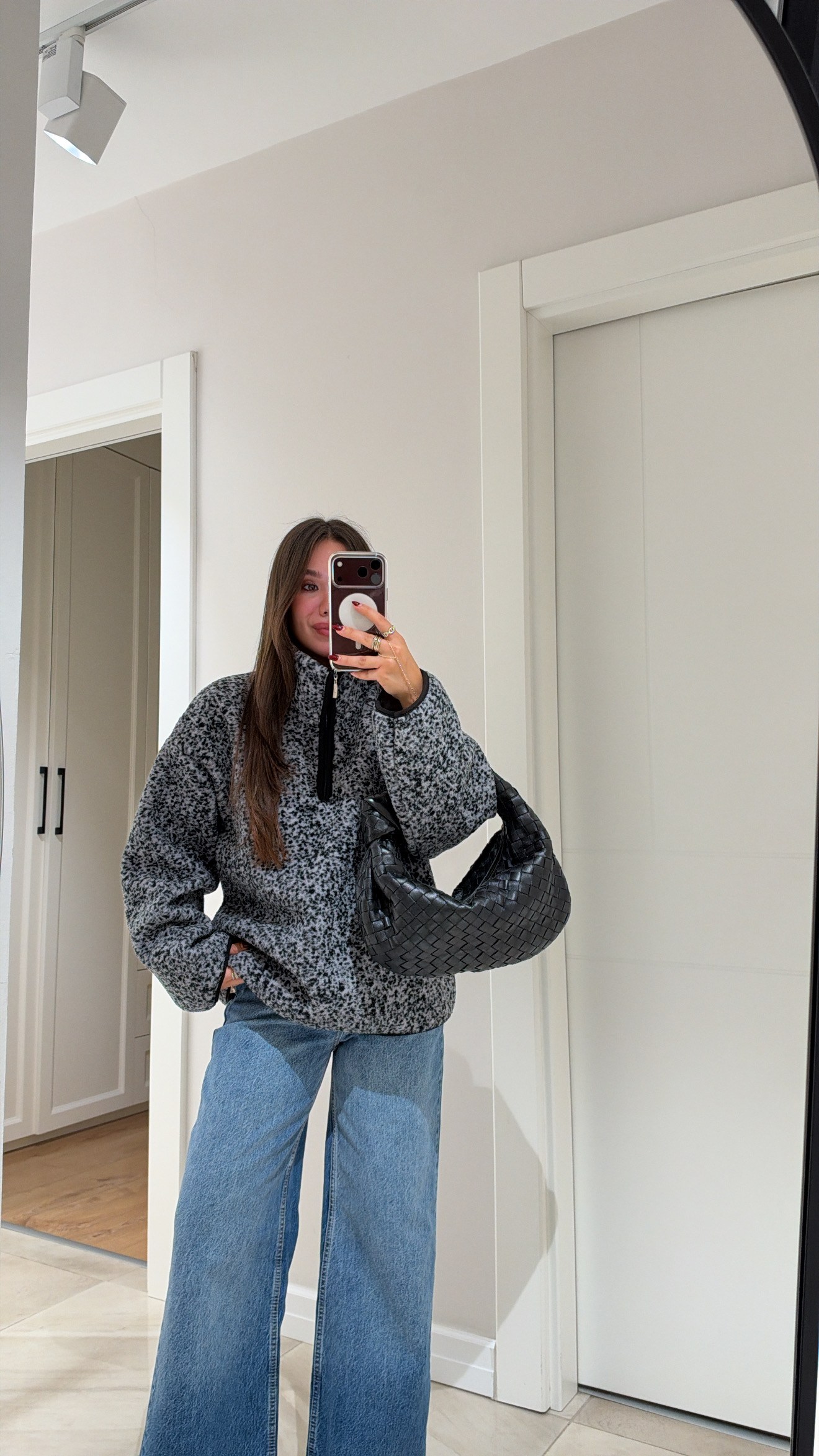 Gri Siyah Benekli Dik Yaka Polar Sweatshirt