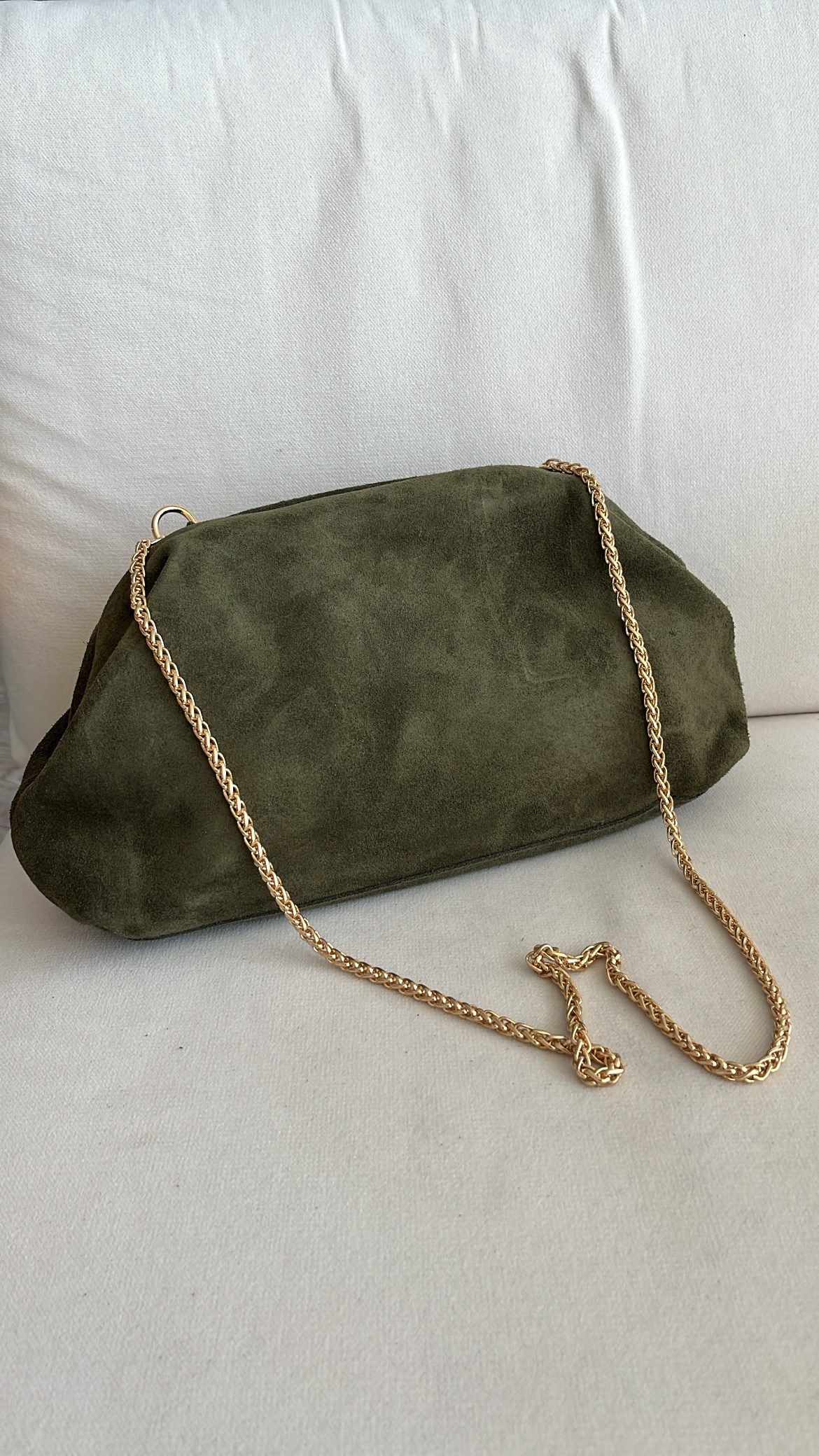 Haki İnce Zincir Askılı Süet Clutch Çanta