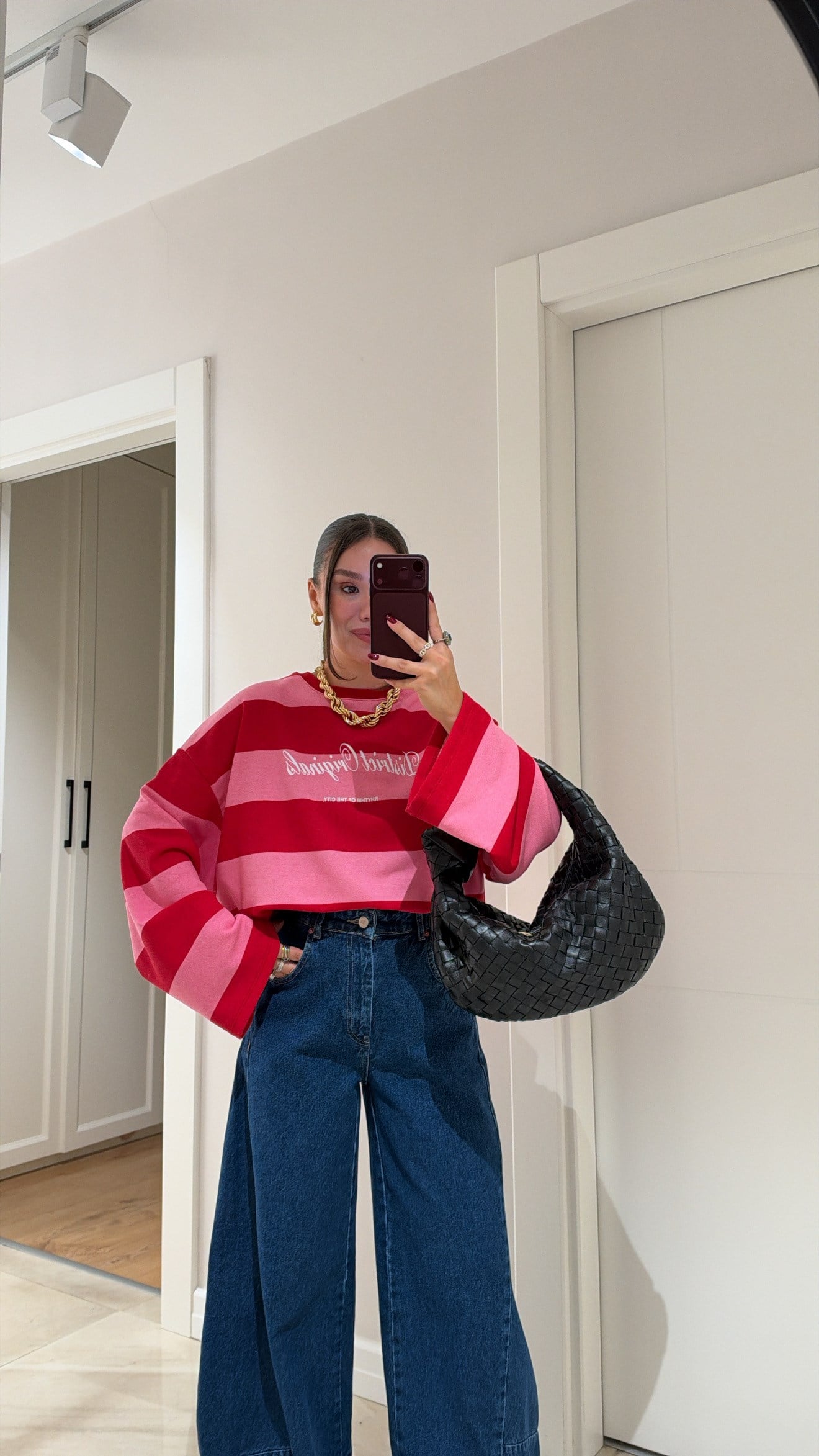 Kırmızı Pembe Yazı Baskılı Geniş Kol Sweatshirt