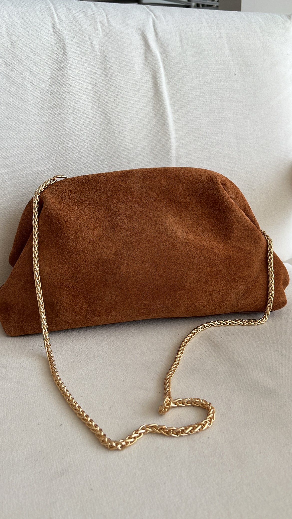 Taba İnce Zincir Askılı Süet Clutch Çanta