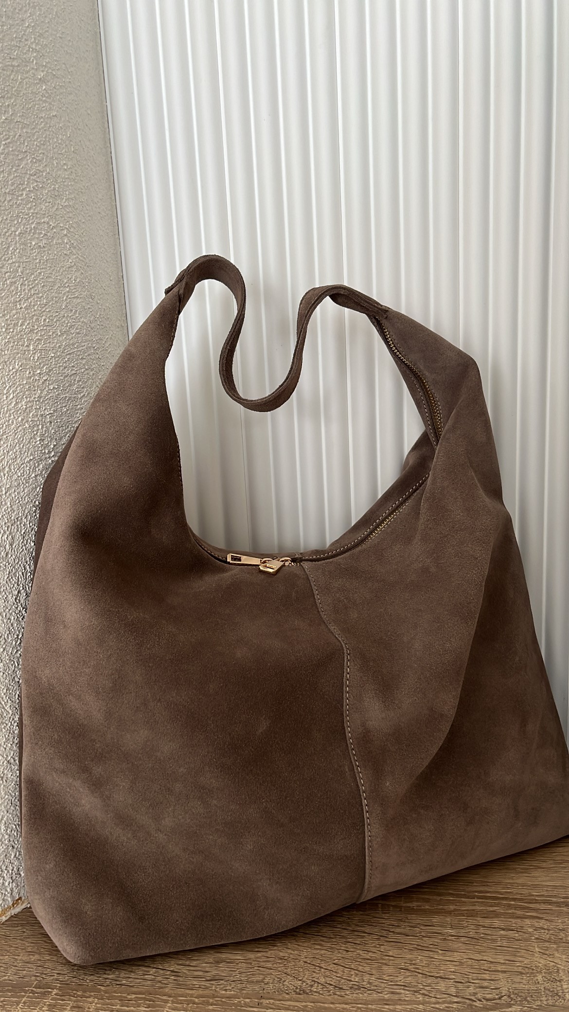 Vizon Çift Fermuarlı Süet Shopper Omuz Çantası