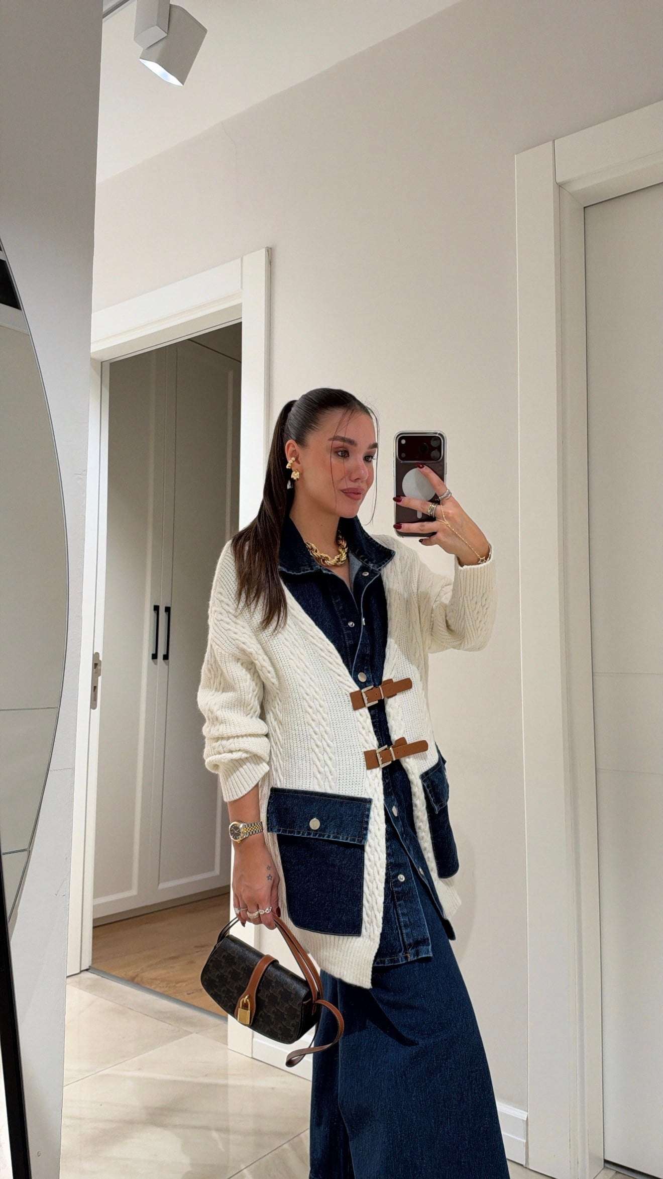 Ekru Lacivert Çift Kemerli Denim Detaylı Triko Hırka 