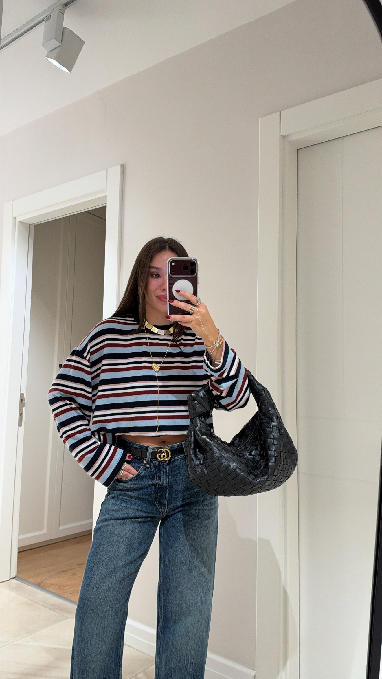 Lacivert Bordo Renkli Çizgili Basic Bluz
