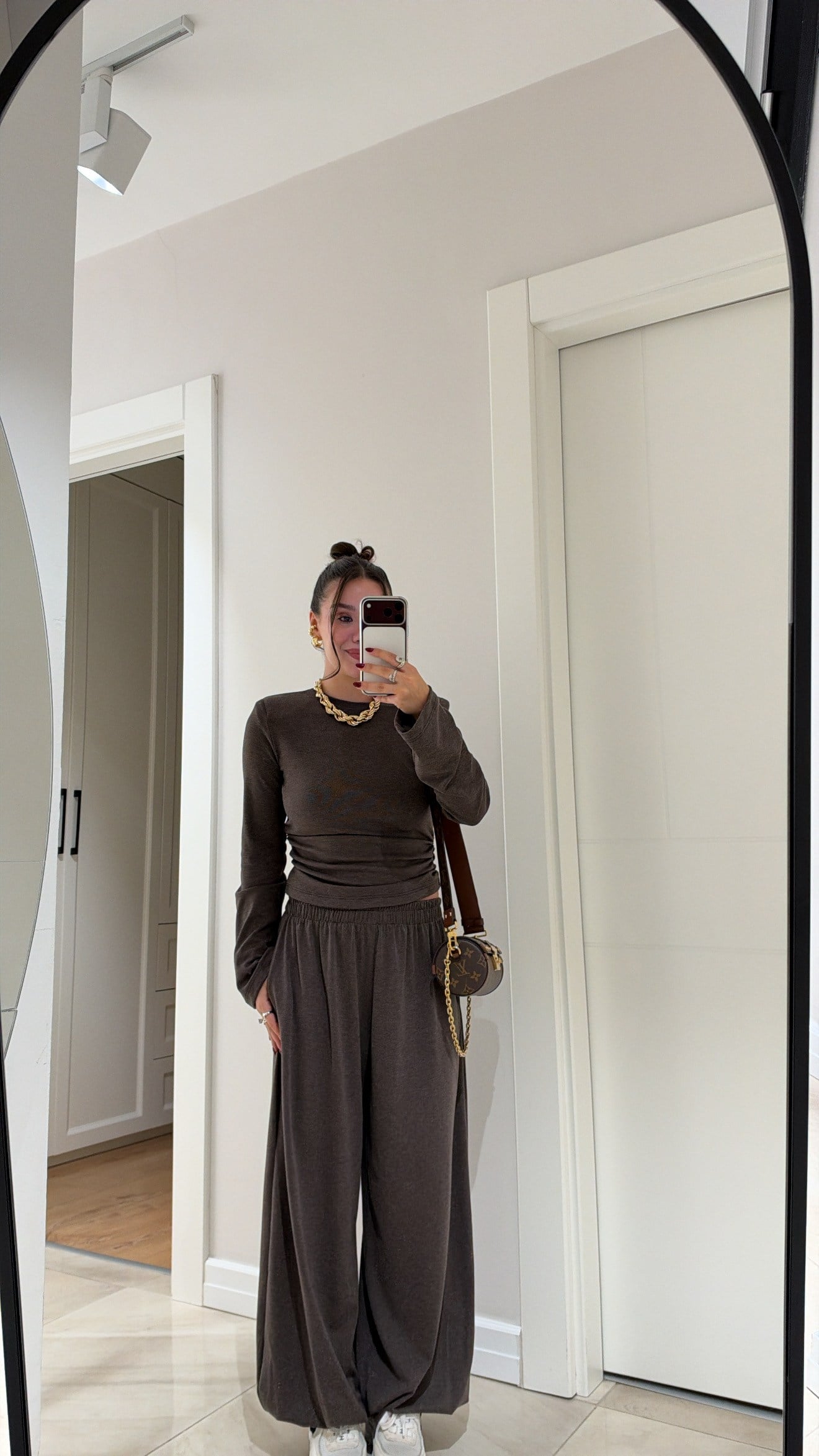 Kahve Bel Büzgü Detaylı Pantolon Takım 
