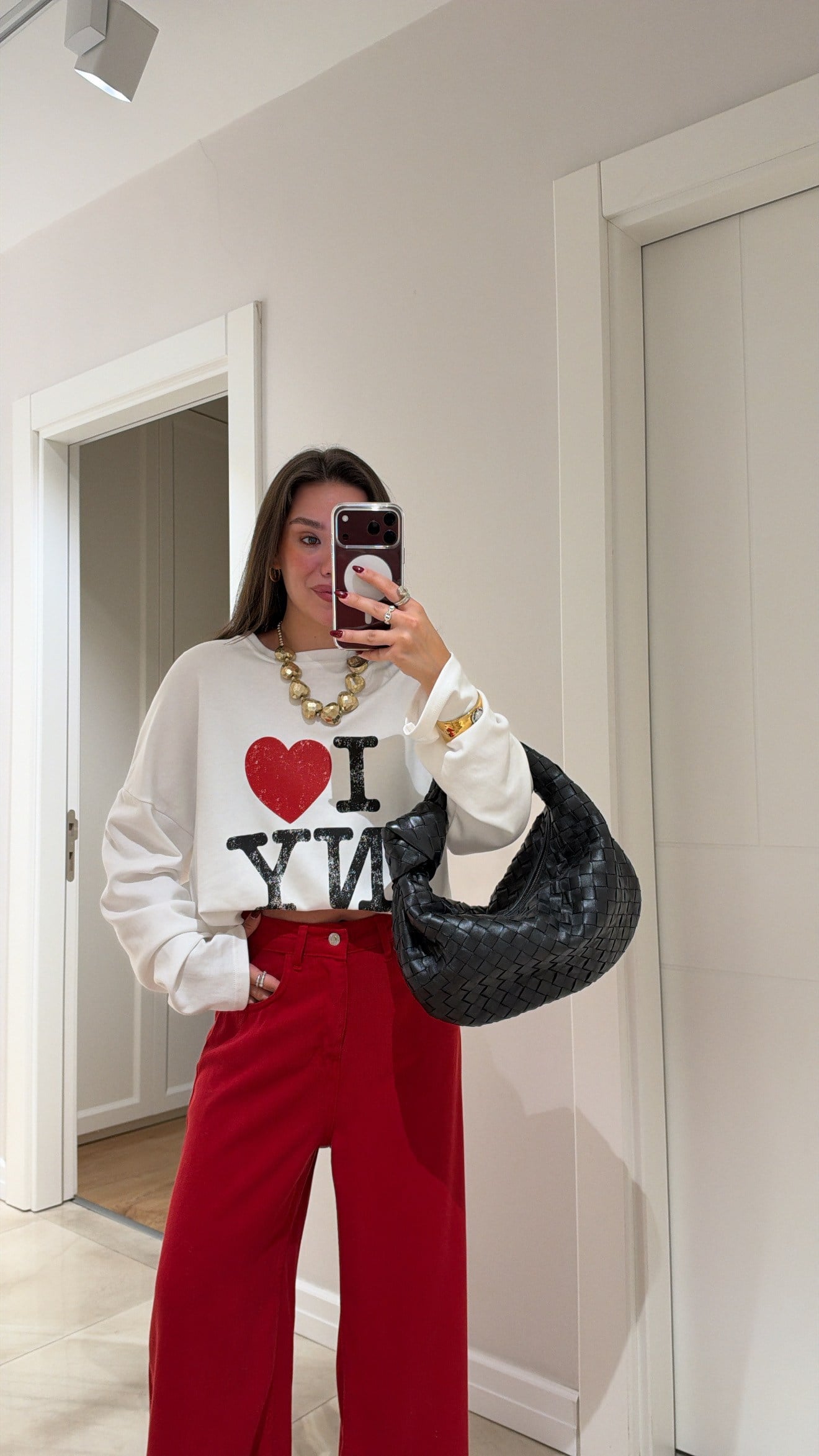 Beyaz Kırmızı Kalp Baskılı Yazılı Oversize Sweatshirt