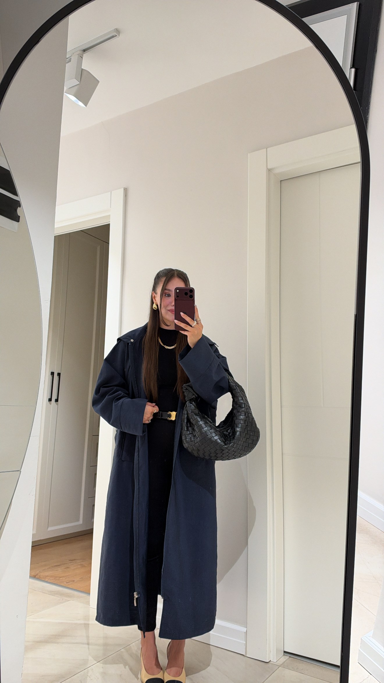 Lacivert Yan Çıtçıt Detaylı Fermuarlı Uzun Ceket