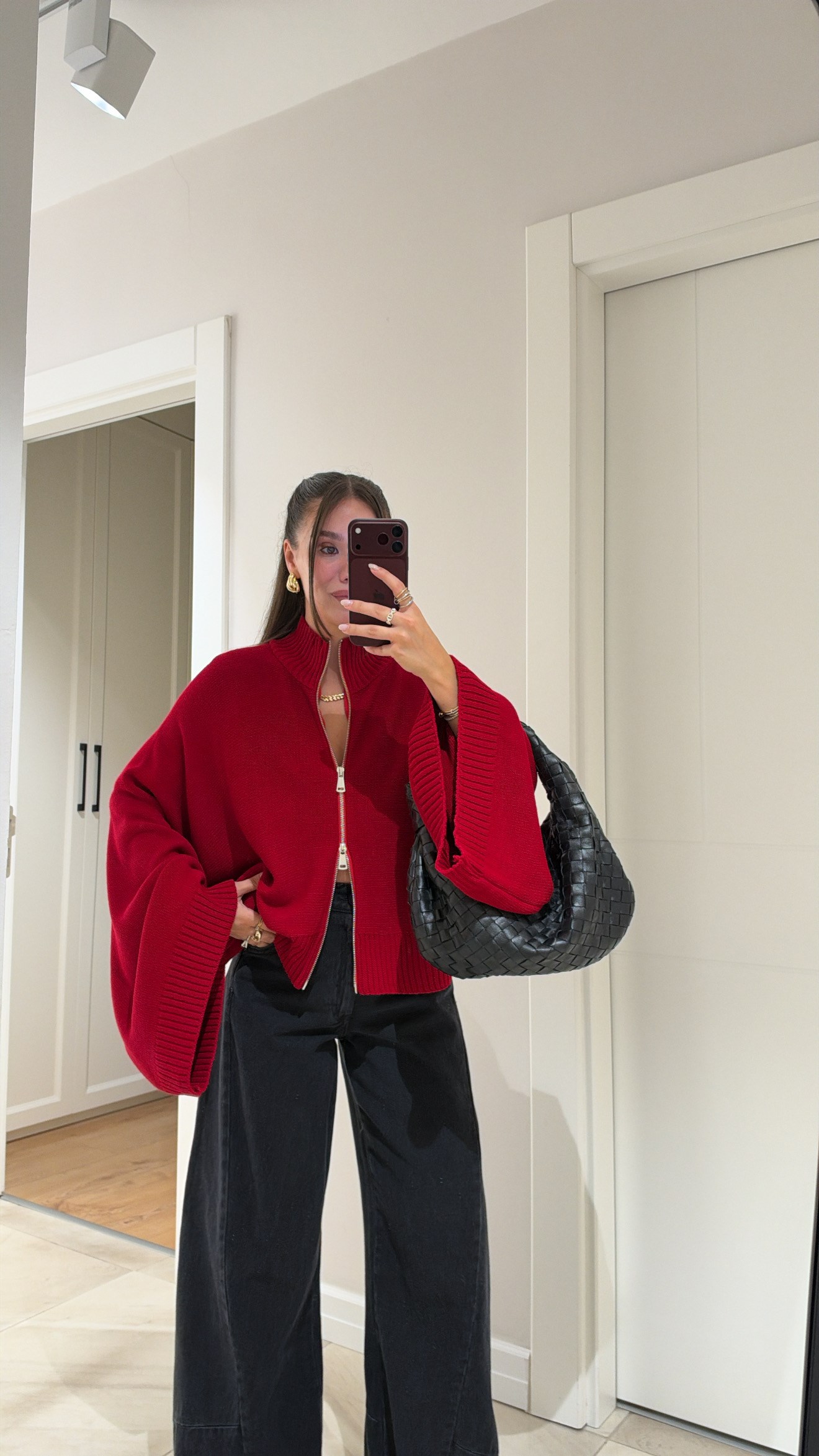 Kırmızı Fermuarlı Yarasa Kol Marka Model Triko Hırka