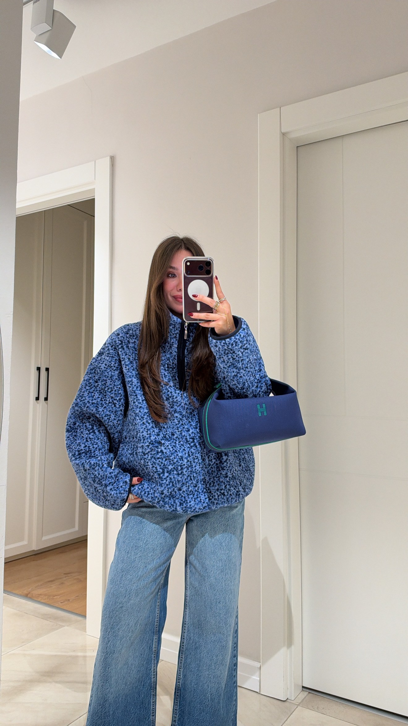 Mavi Lacivert Benekli Dik Yaka Polar Sweatshirt