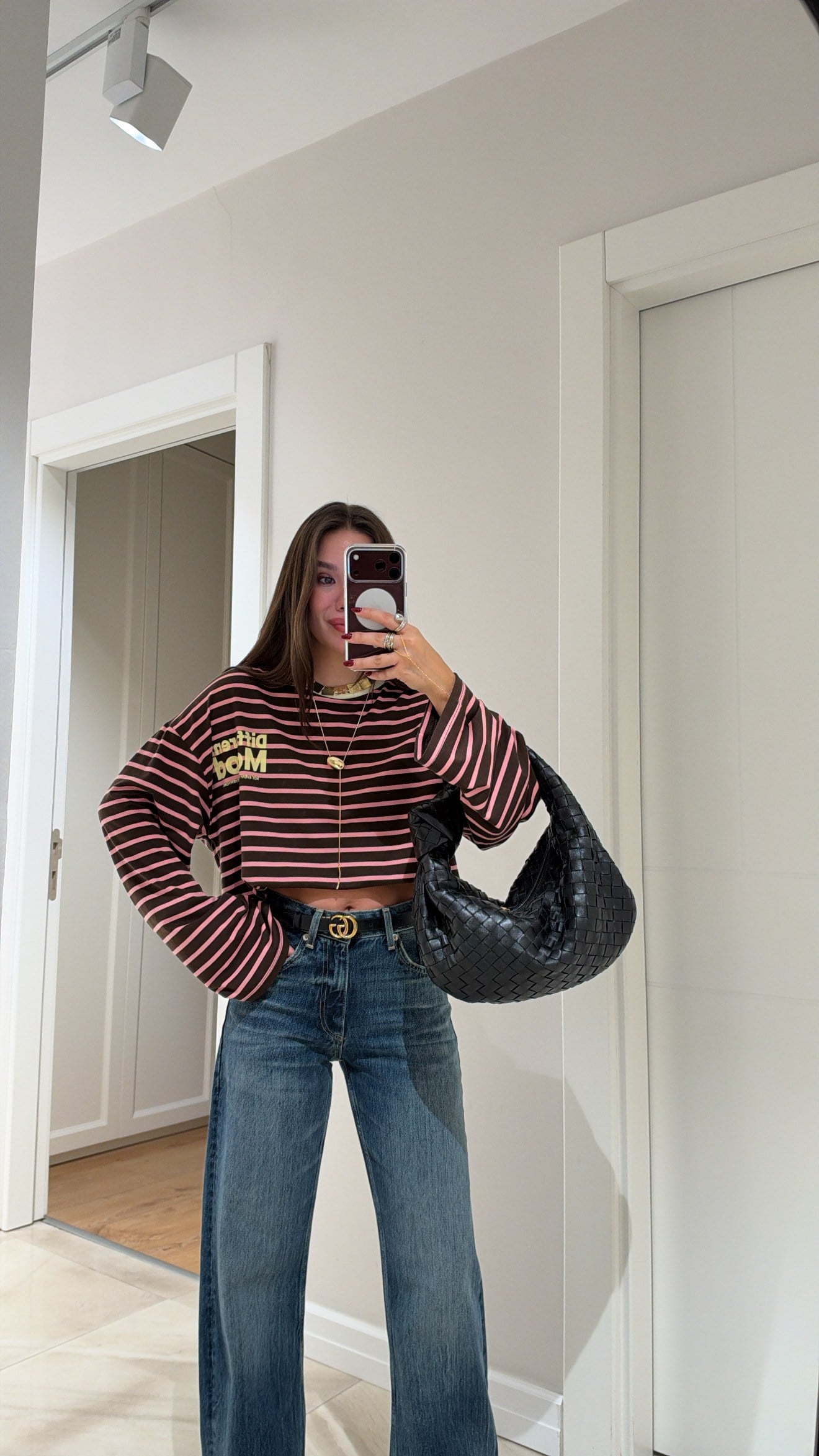 Kahve Pembe Çizgili Baskı Detaylı Sweatshirt