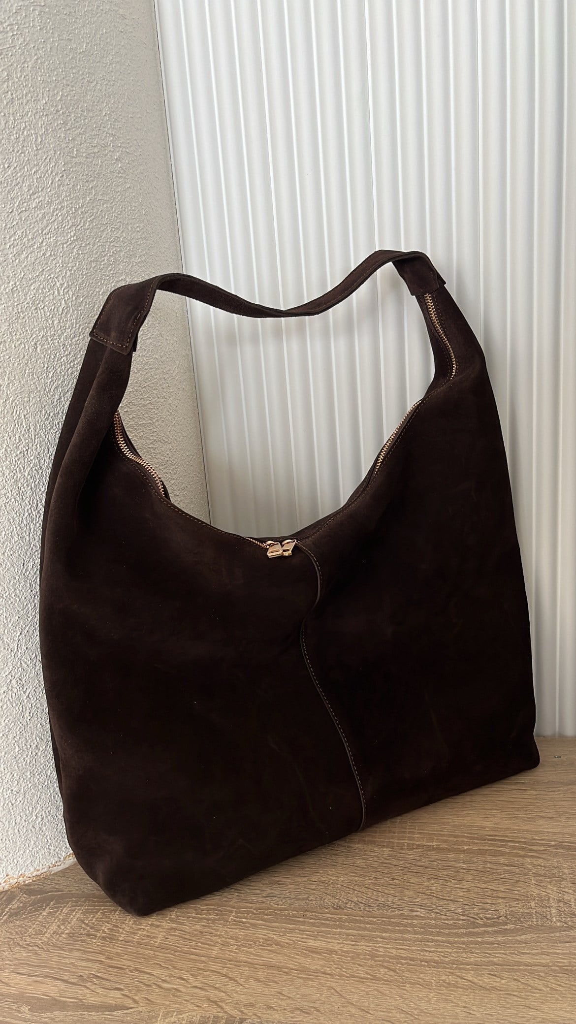 Kahve Çift Fermuarlı Süet Shopper Omuz Çantası