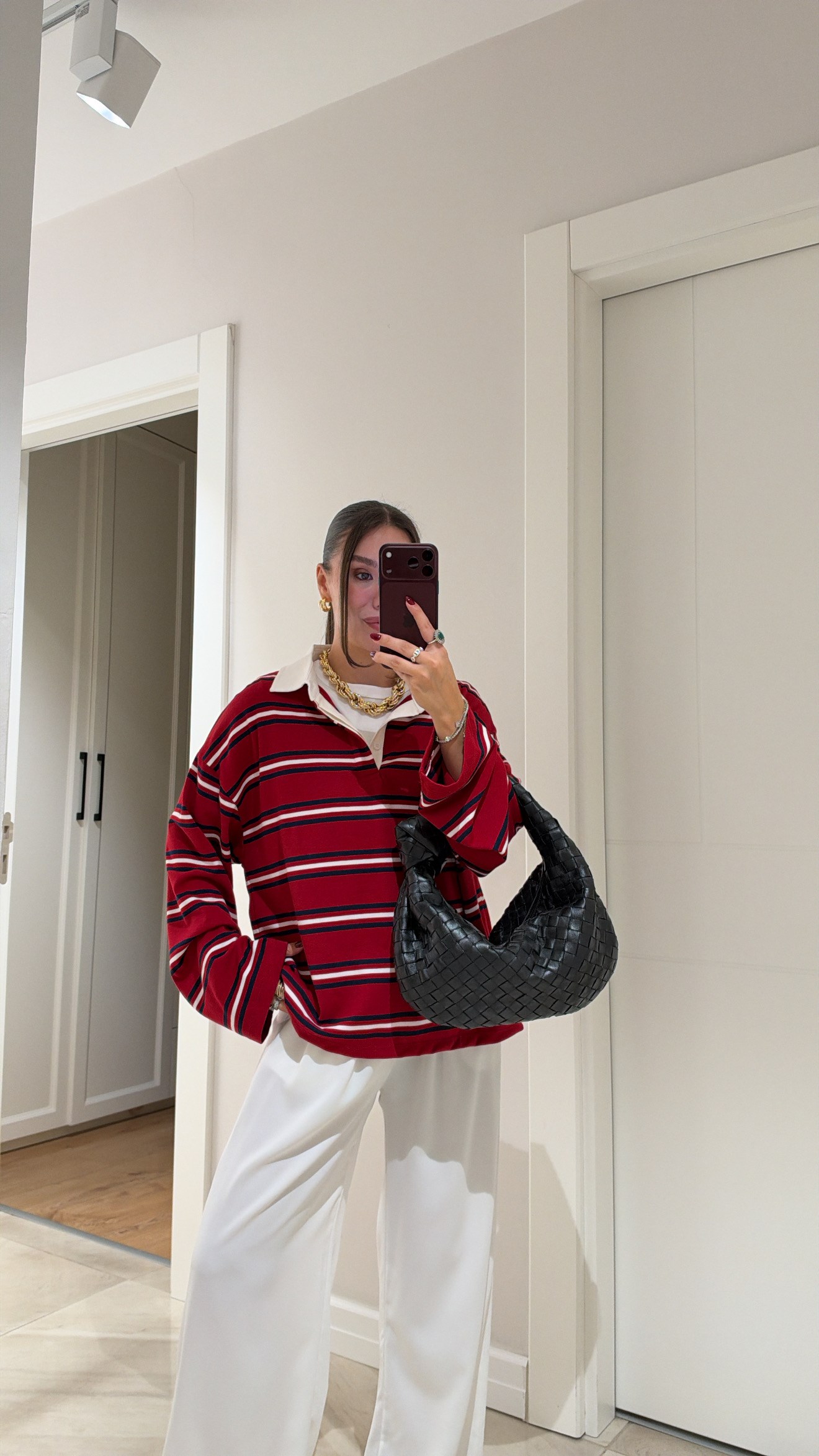Bordo Beyaz Çizgili Polo Yaka Sweatshirt 