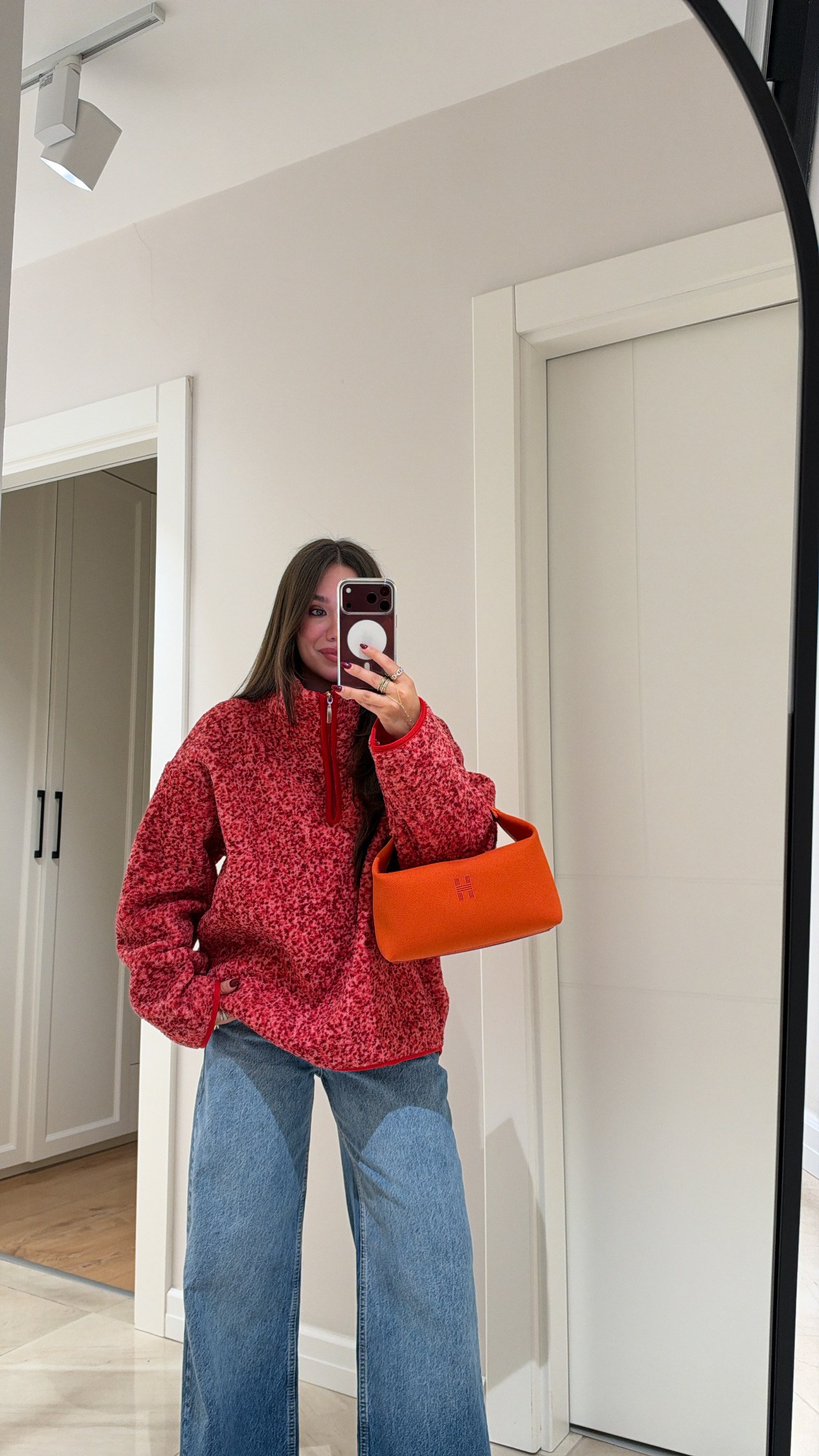 Pembe Kırmızı Benekli Dik Yaka Polar Sweatshirt