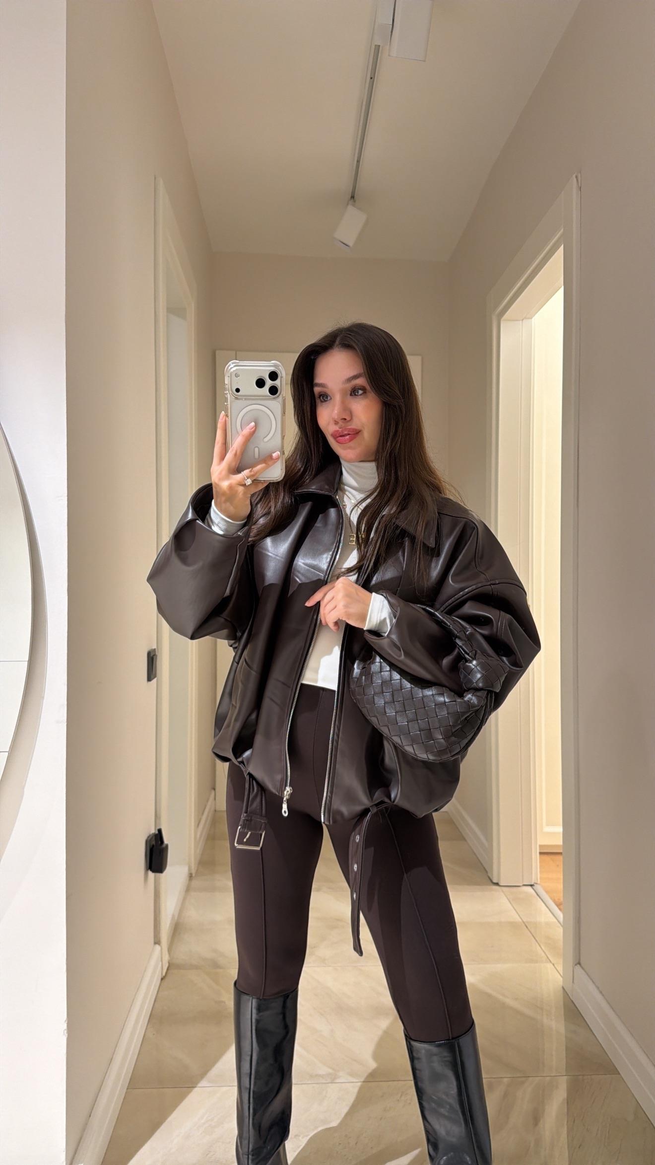 Acı Kahve Bel Kemerli Bomber Deri Ceket