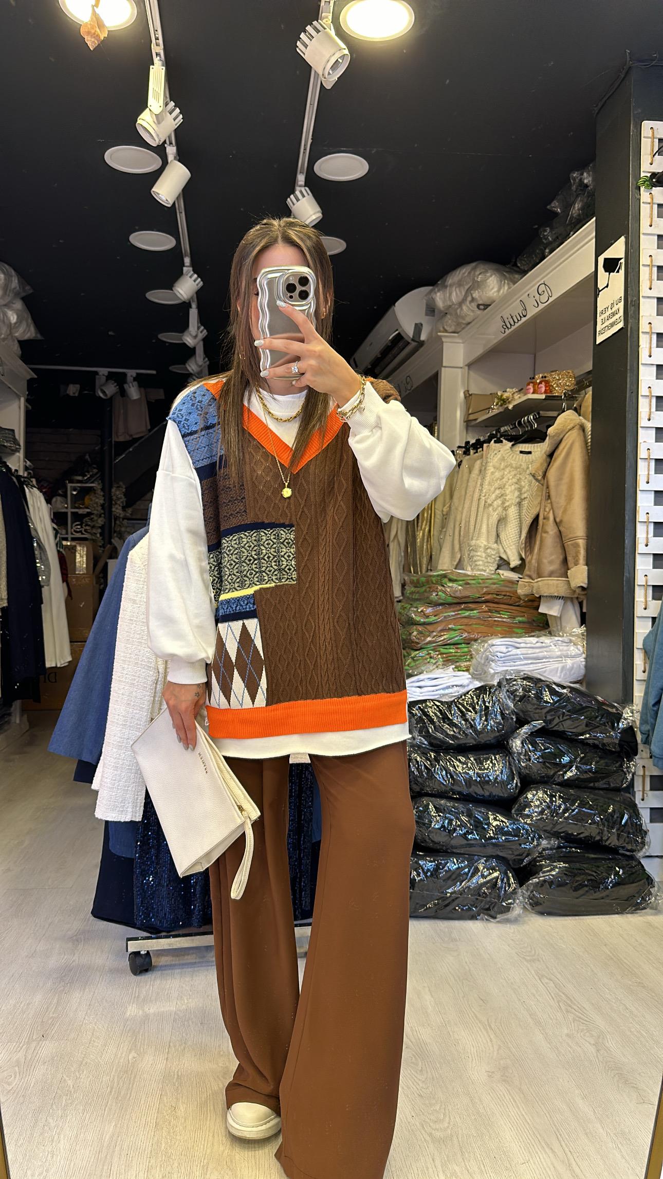 Acı Kahve Beli Lastikli Saten Bol Pantolon